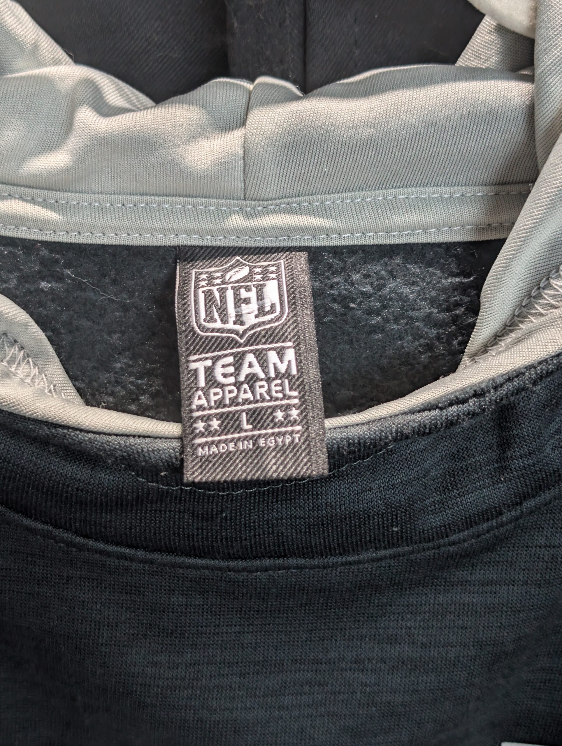 Brand new with tags official NFL Team Apparel size large Las Vegas Raiders heathered black pullover hoodie featuring classic team shield logo and convenient front kangaroo pocket today.