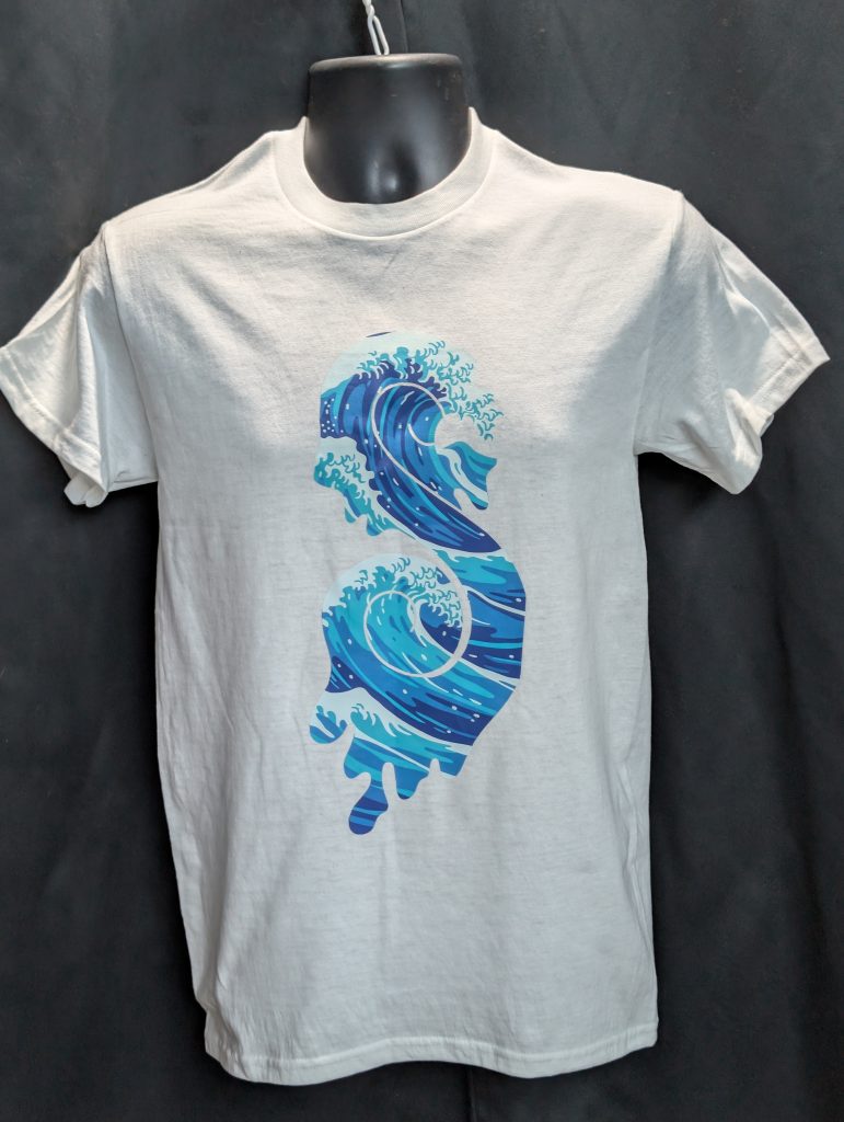 White shirt featuring blue wave Sticky Canna logo.