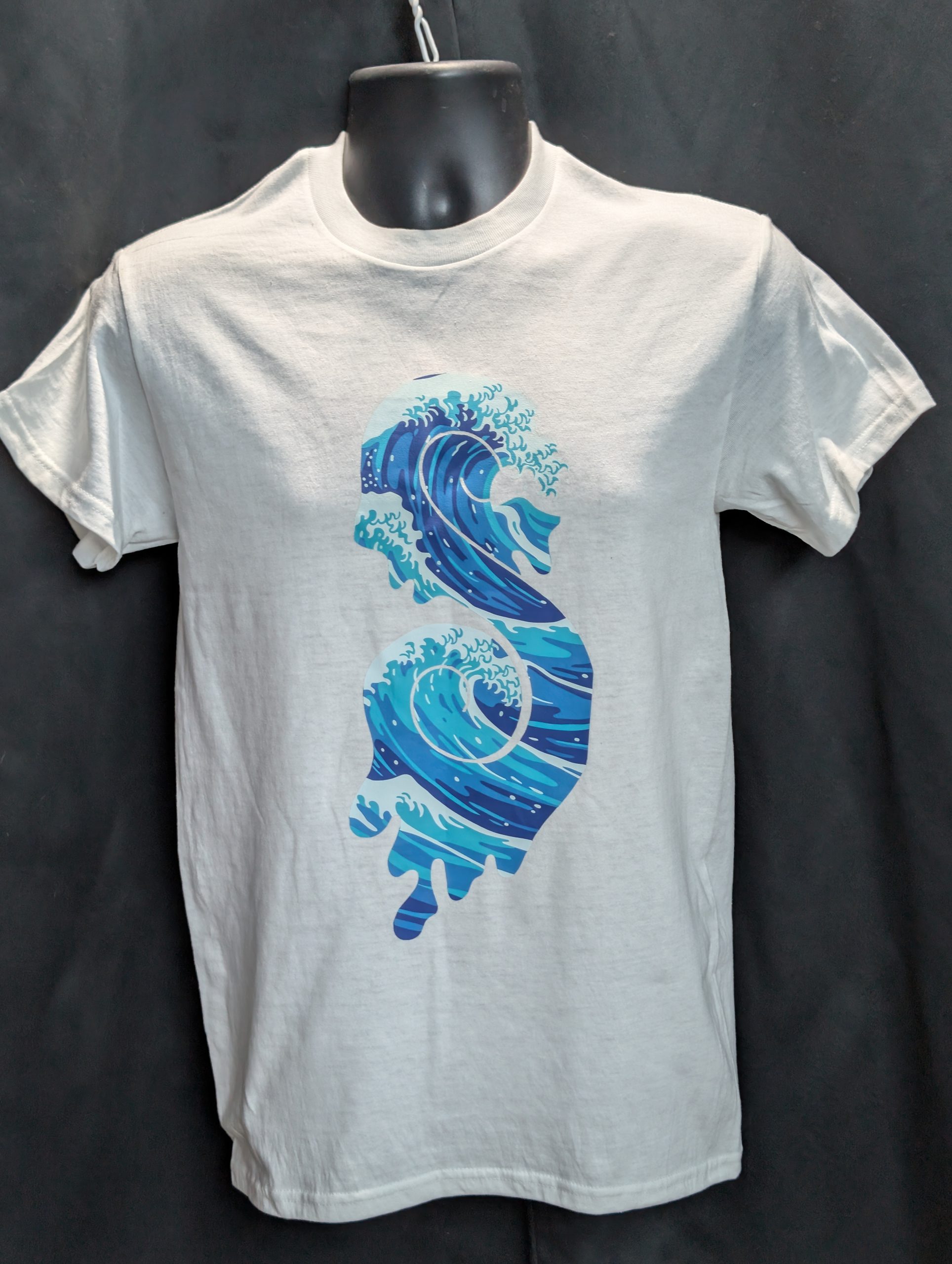 White shirt featuring blue wave Sticky Canna logo.