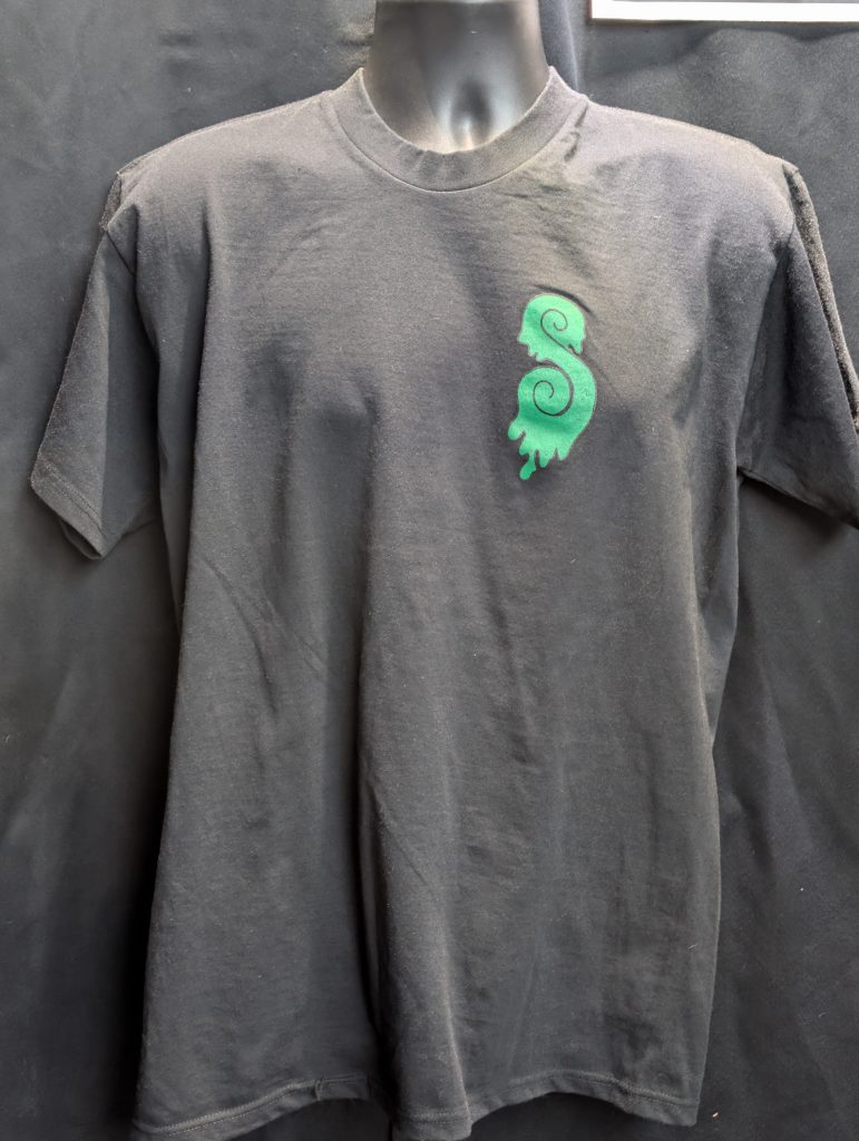 Black shirt featuring Earthy Gas smoking globe graphic.