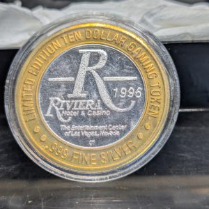 Vintage 1996 Riviera Hotel & Casino limited edition $10 silver gaming token featuring Jeff Kutash's Splash, a high-vibration collectible perfect for aligning with the number 28 frequency for ultimate business success and wealth manifestation.