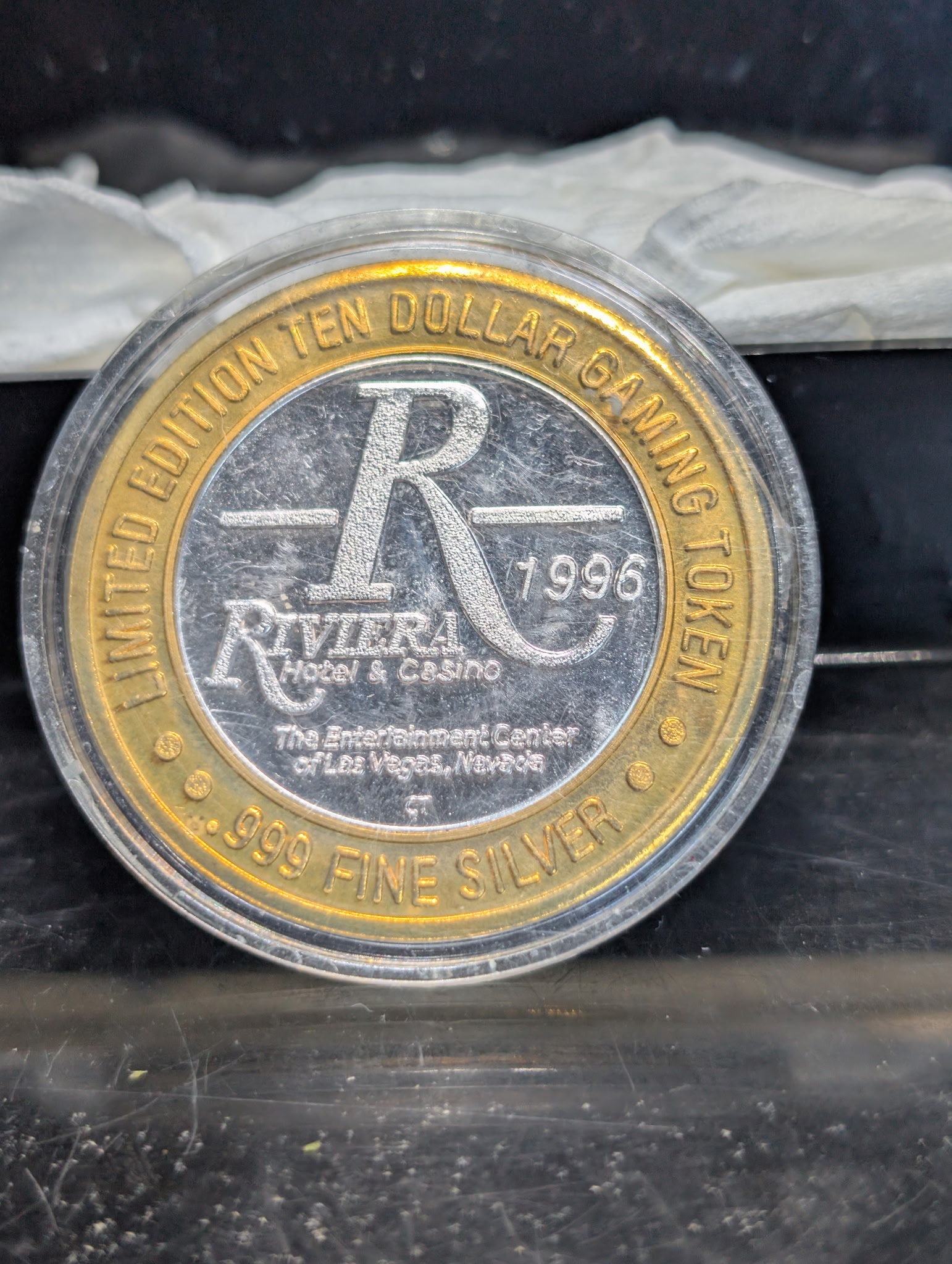 Vintage 1996 Riviera Hotel & Casino limited edition $10 silver gaming token featuring Jeff Kutash's Splash, a high-vibration collectible perfect for aligning with the number 28 frequency for ultimate business success and wealth manifestation.