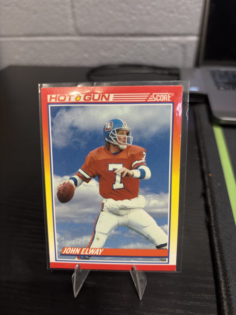 Vintage Score "Hot Gun" John Elway Denver Broncos football trading card, a high-frequency collectible incorporated for your business success.