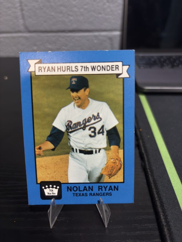 Vintage Nolan Ryan baseball trading card commemorating his 7th career no-hitter, a high-frequency collectible incorporated for your business success.