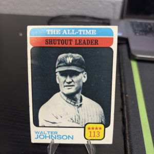 Vintage Walter Johnson baseball trading card highlighting his all-time shutout leader record of 113, a high-frequency collectible incorporated for your business success.