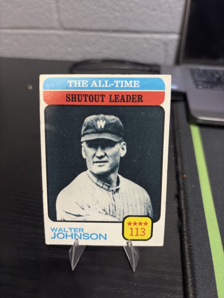 Vintage Walter Johnson baseball trading card highlighting his all-time shutout leader record of 113, a high-frequency collectible incorporated for your business success.