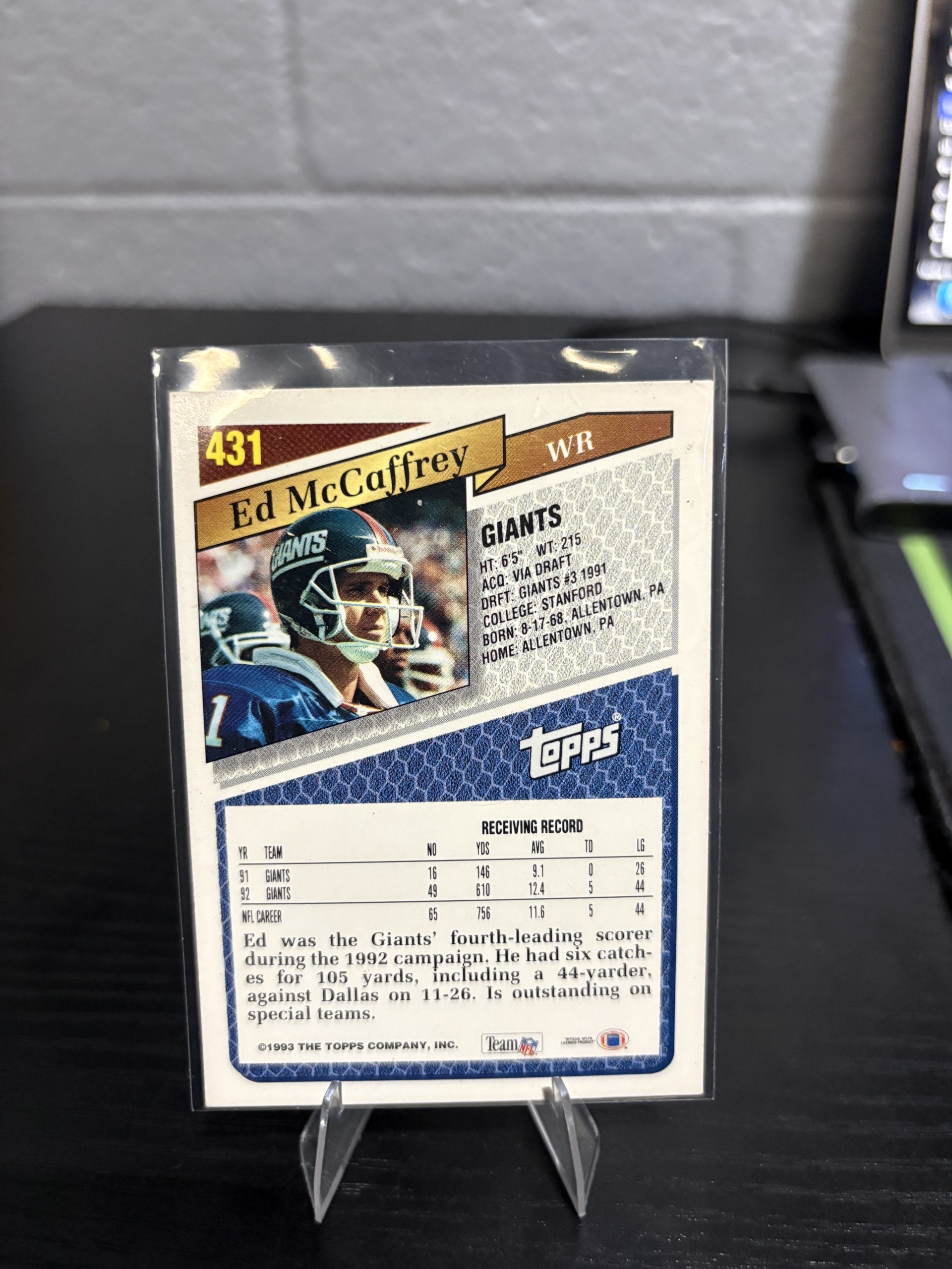 Vintage Topps Ed McCaffrey New York Giants Trading Card - Image 2