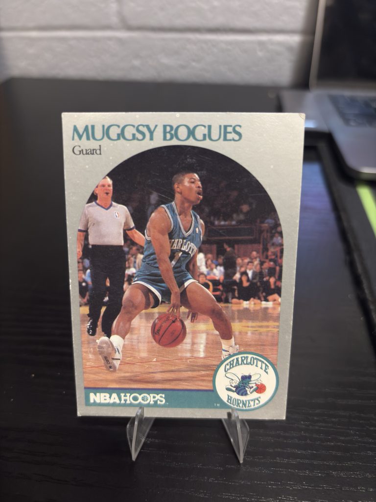 Vintage NBA Hoops Muggsy Bogues Charlotte Hornets basketball trading card, a high-frequency collectible incorporated for your business success.
