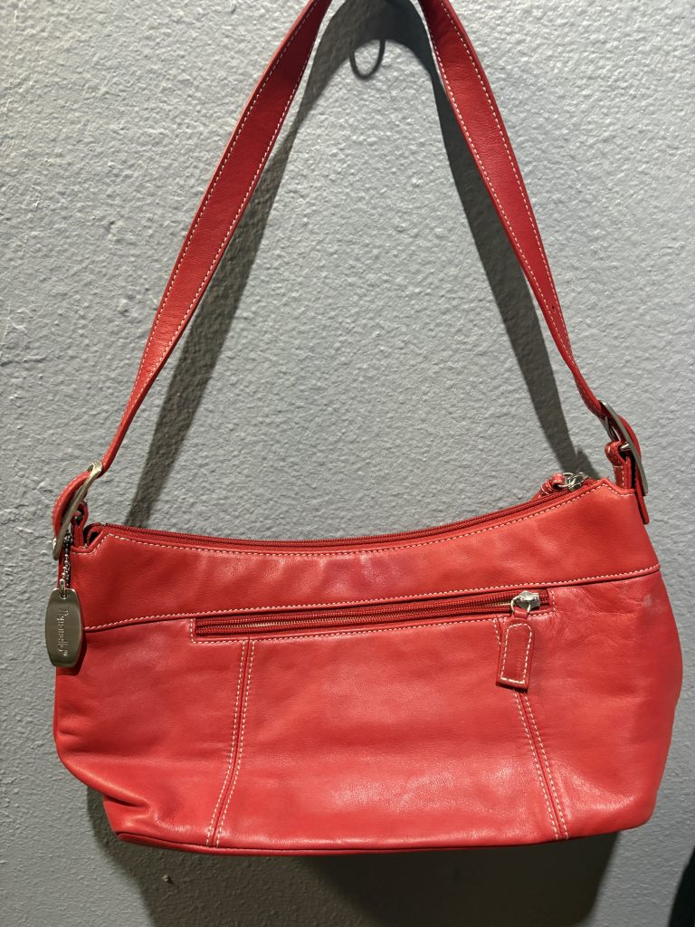 Tignanello red leather shoulder bag with white contrast stitching and silver hardware.