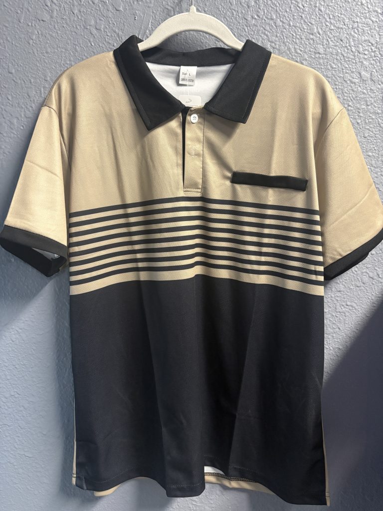 Two-tone tan and black polo shirt with horizontal stripes and chest pocket, size L.