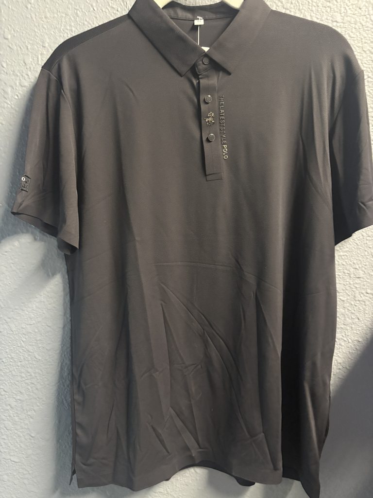 Premium dark grey polo shirt featuring embroidered equestrian logo and "THELATESTSTYLEPOLO" text on the placket.