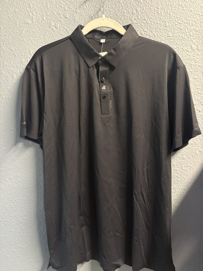 Premium black polo shirt featuring embroidered equestrian logo and "THELATESTSTYLEPOLO" text on the placket.