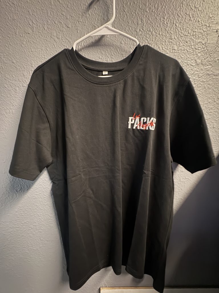 Los Angeles Packs premium black graphic t-shirt with embroidered front logo and city map back print.