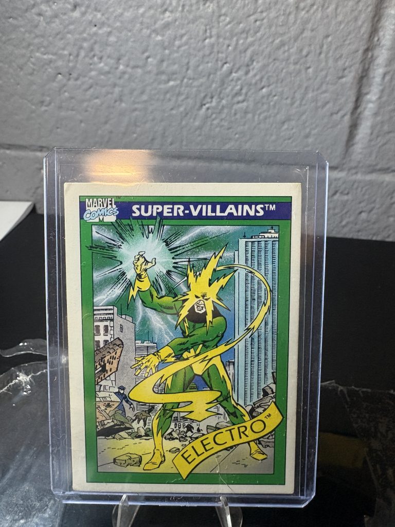 1990 Marvel Universe Electro trading card #58, Super-Villains series, featuring comic art in a protective case.