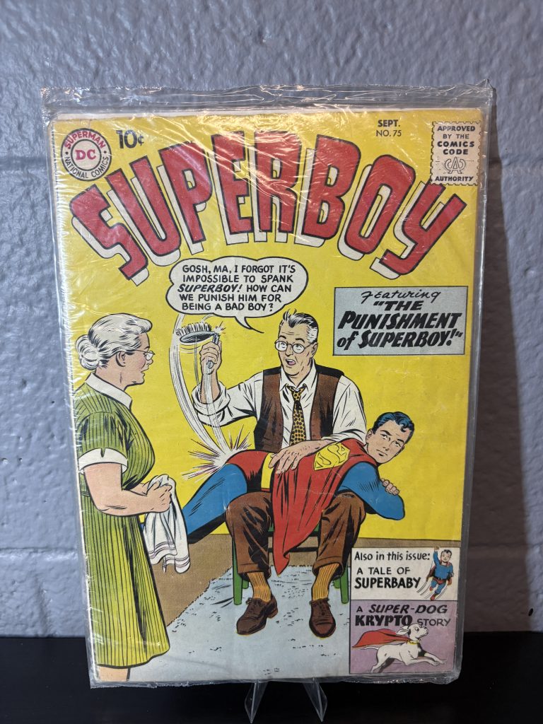 Vintage Superboy #75 comic book, September 1959 issue, titled "The Punishment of Superboy!", in a protective sleeve.