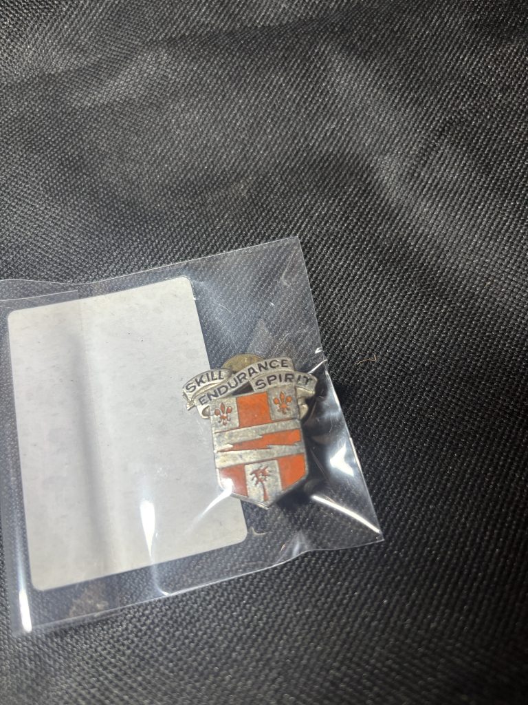 Vintage 29th Infantry Regiment "SKILL ENDURANCE SPIRIT" Distinctive Unit Insignia (DUI) in a protective sleeve.