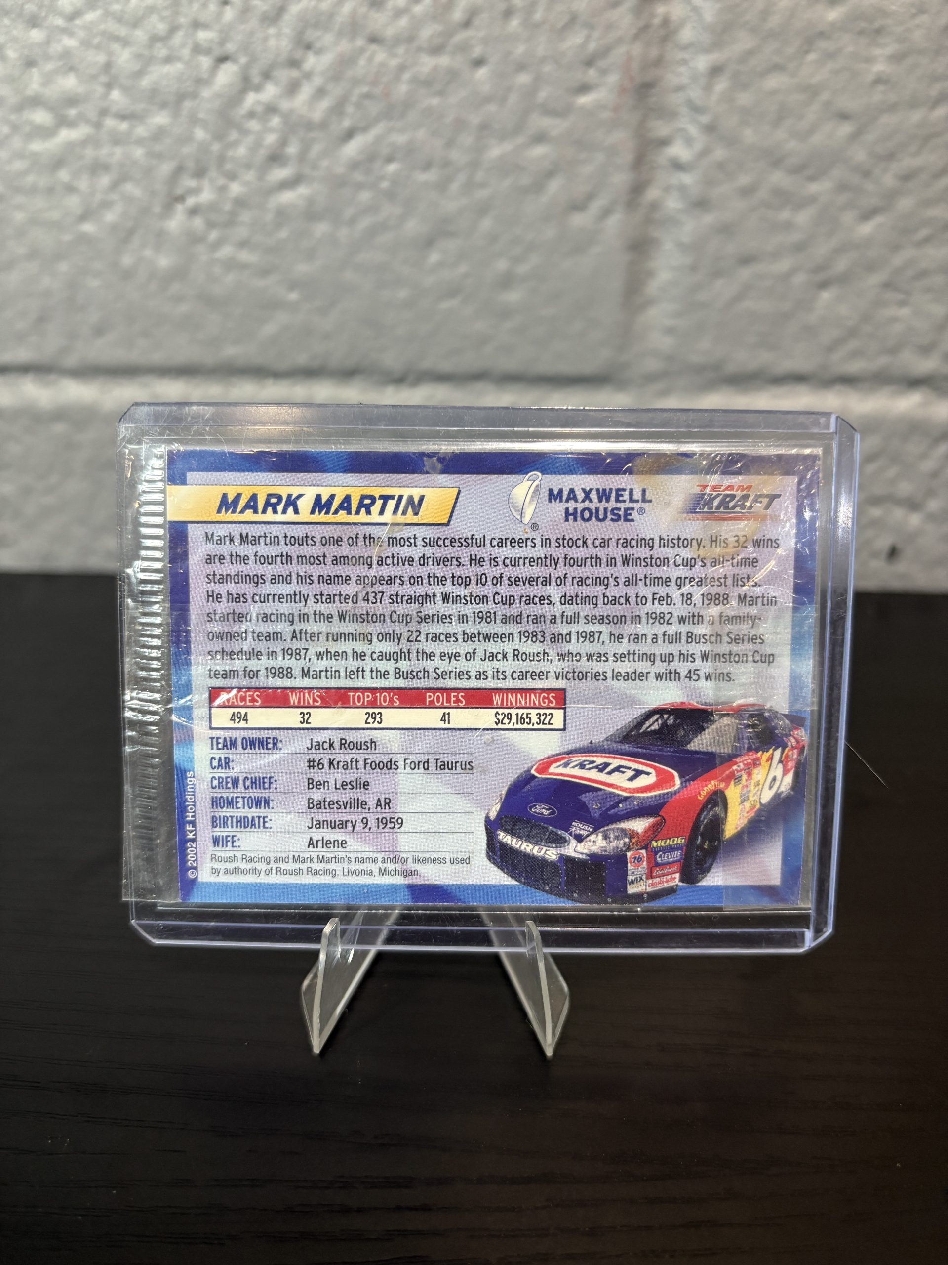 2002 Mark Martin Team Kraft / Maxwell House Collector's Card #6 Ford Taurus - Image 4