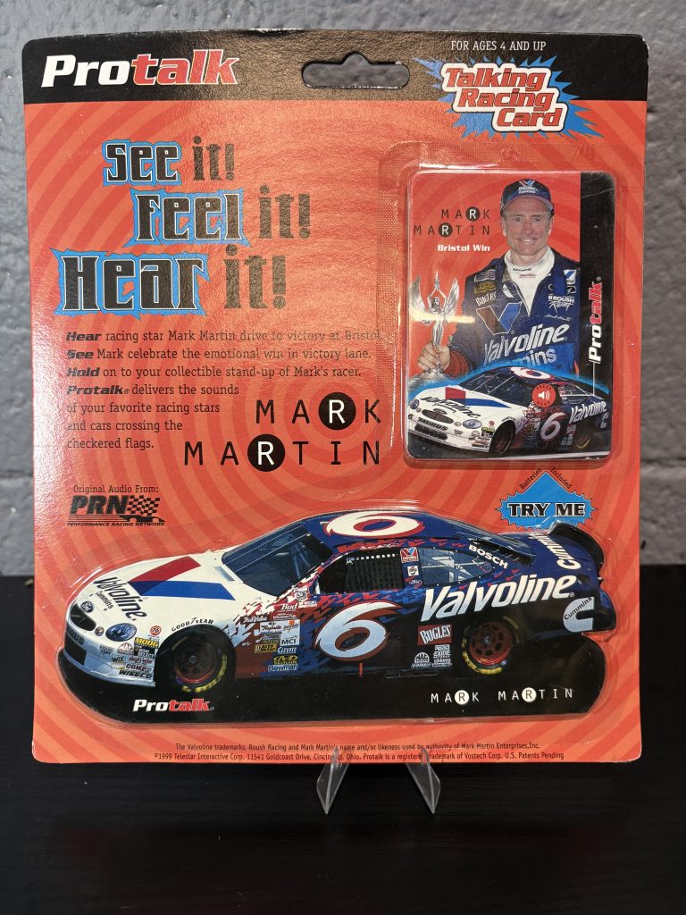 1999 ProTalk Mark Martin Valvoline Talking Racing Card and stand-up vehicle packaging front and back.
