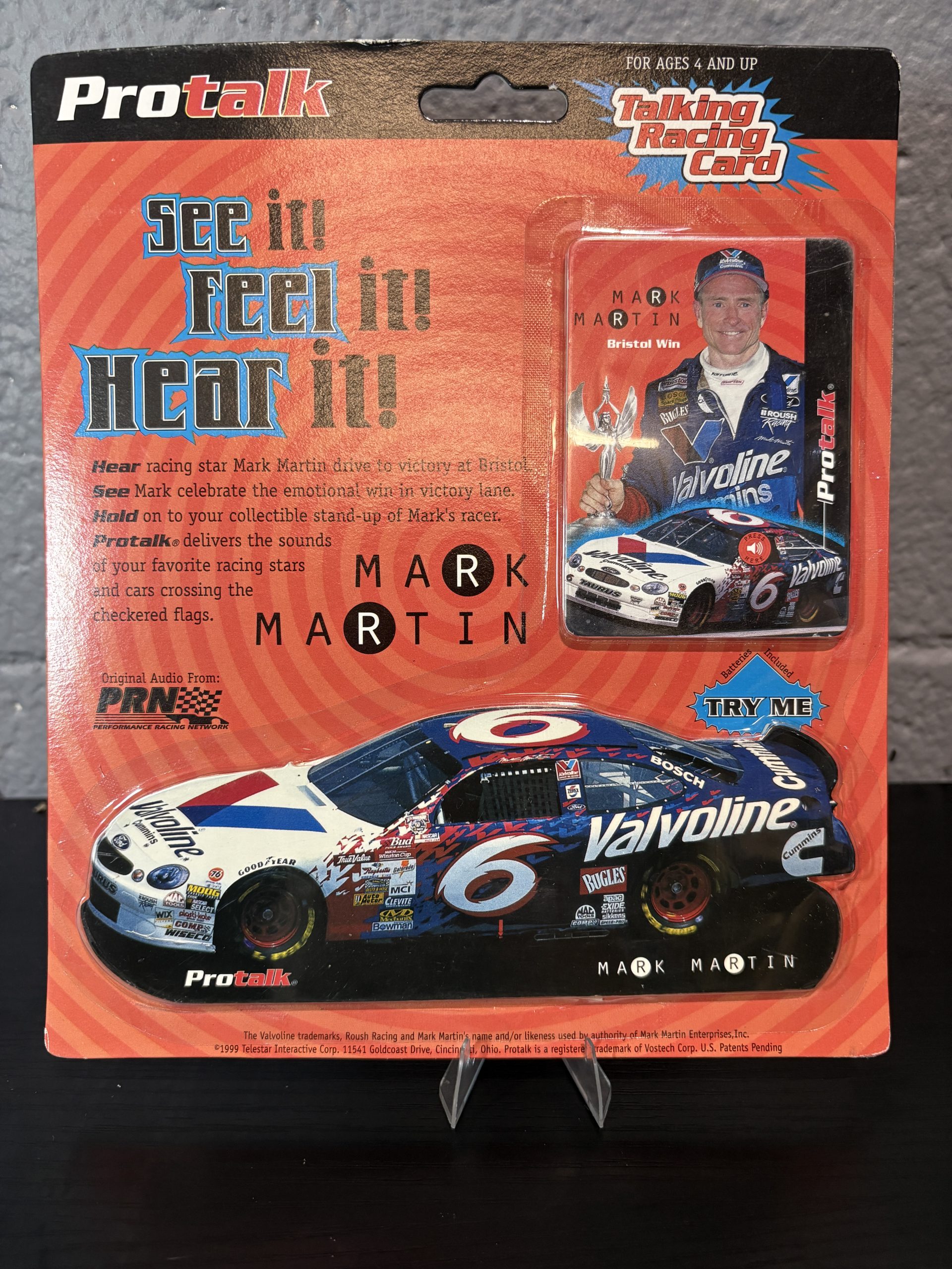 1999 ProTalk Mark Martin Valvoline Talking Racing Card and stand-up vehicle packaging front and back.