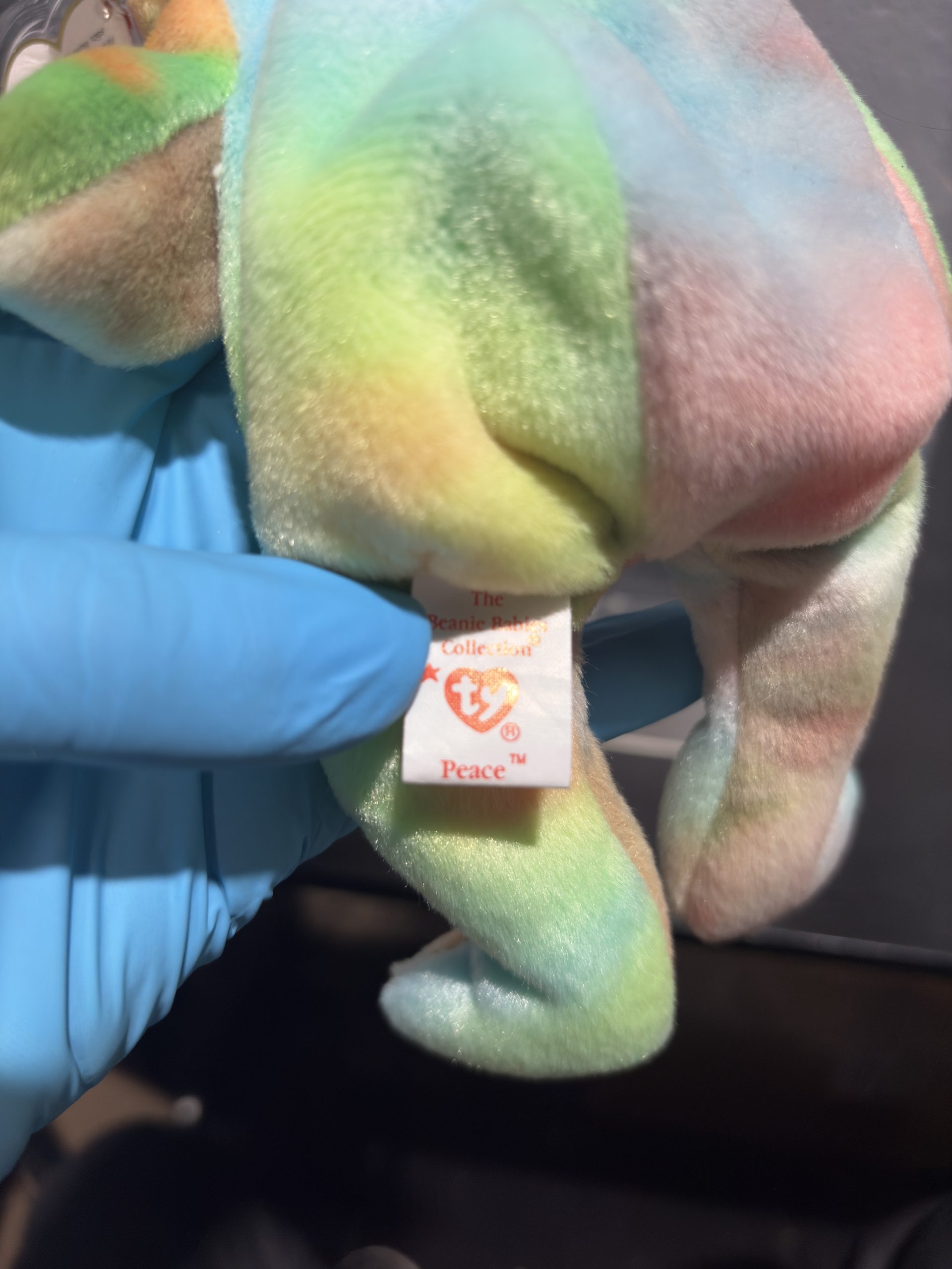 Vintage Ty Beanie Baby "Peace" The Bear (1996) with Tie-Dye Fur & Peace Sign - Image 3
