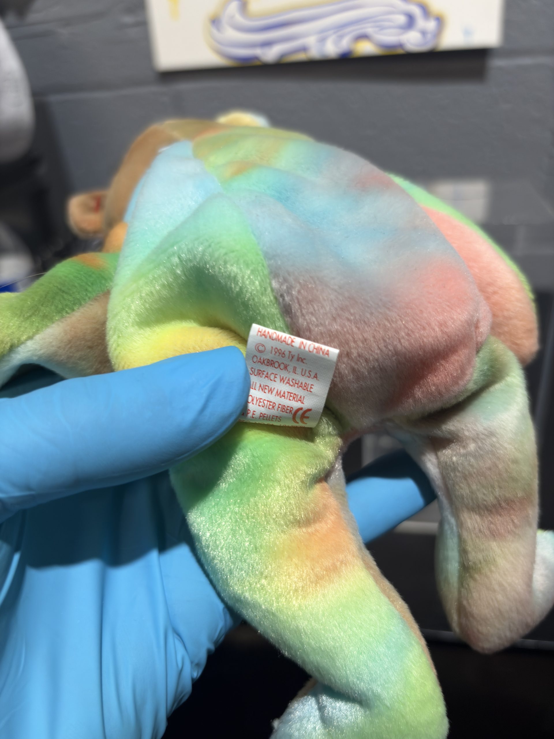 Vintage Ty Beanie Baby "Peace" The Bear (1996) with Tie-Dye Fur & Peace Sign - Image 2