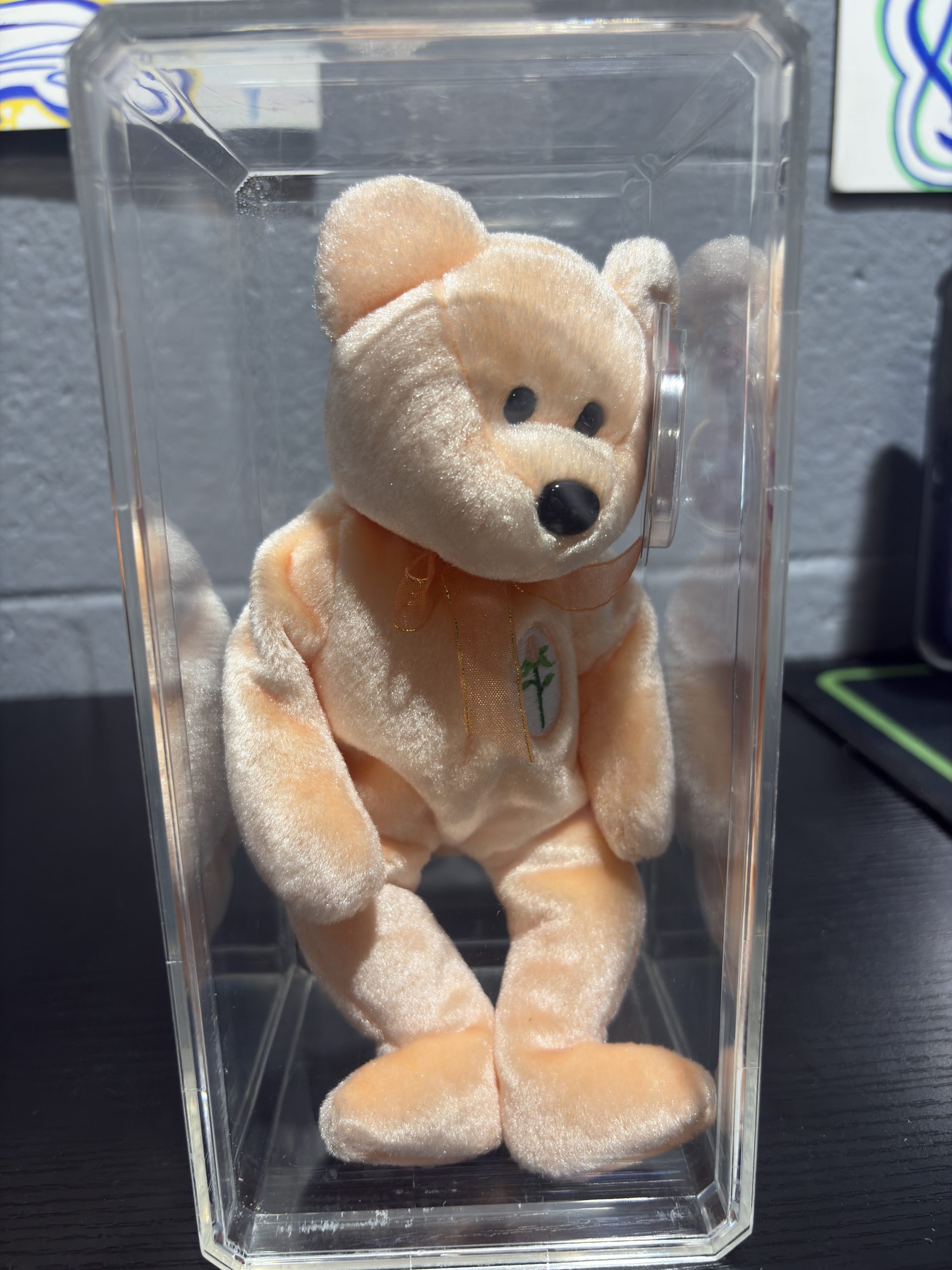 Ty Beanie Baby Dearest peach bear with flower chest emblem in a clear display case.