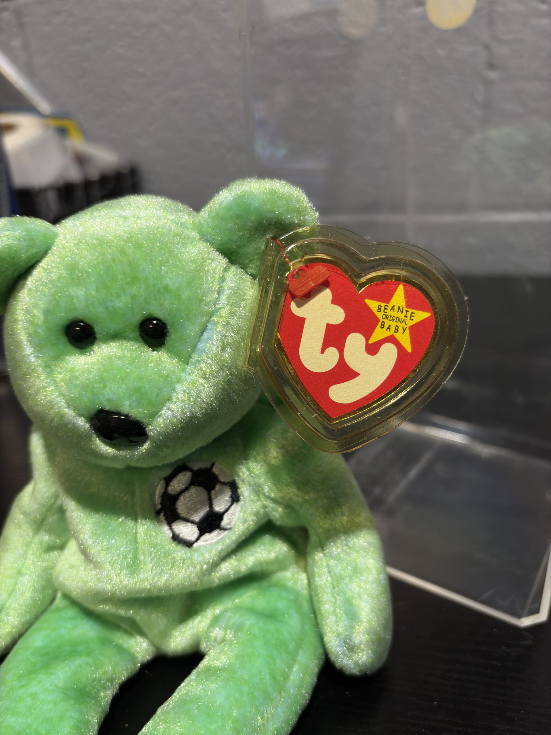 Vintage Ty Beanie Baby "Kicks" The Bear (1999) with Lime Green Fur & Soccer Ball Emblem - Image 2