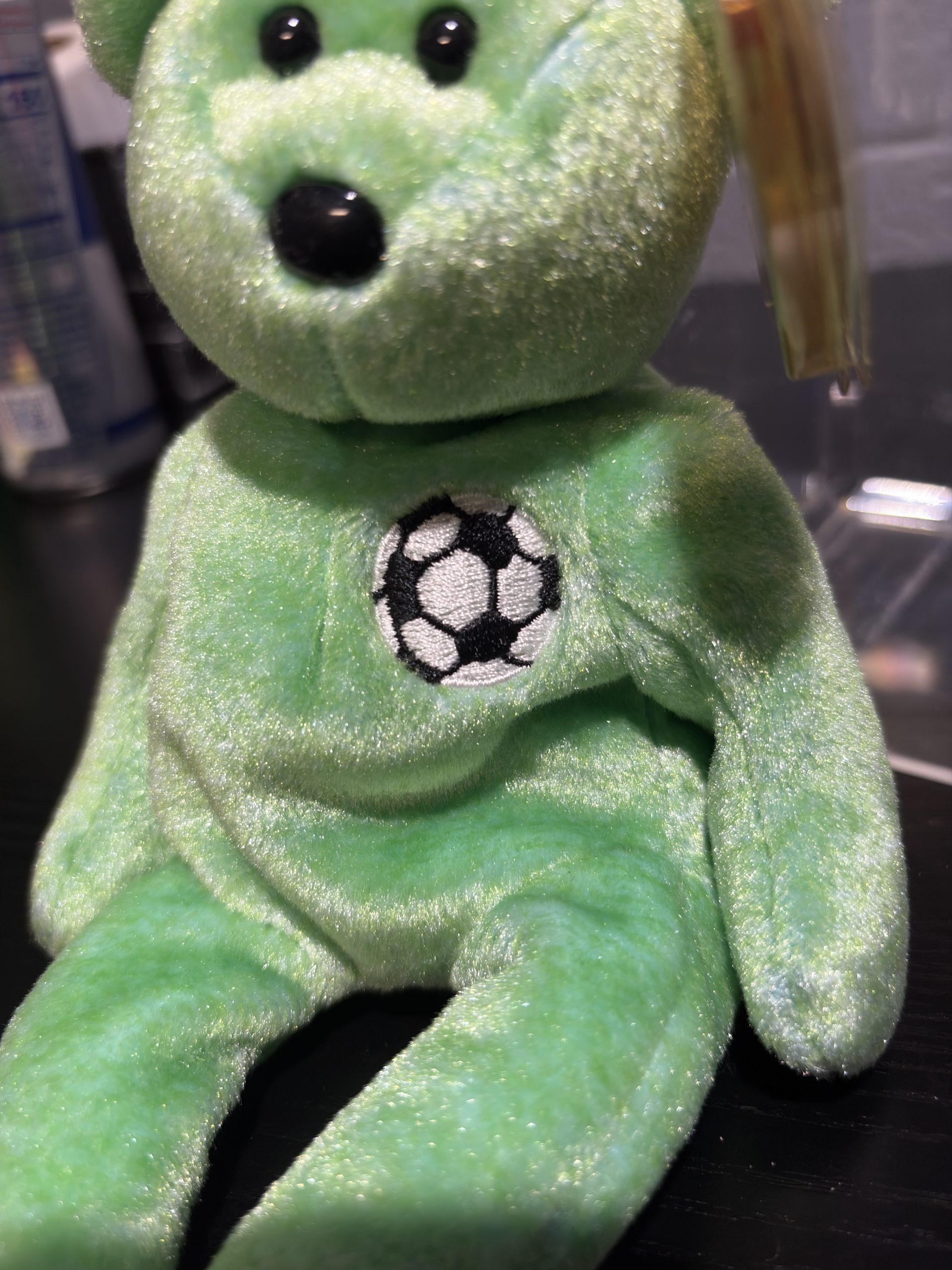 Vintage Ty Beanie Baby "Kicks" The Bear (1999) with Lime Green Fur & Soccer Ball Emblem - Image 6