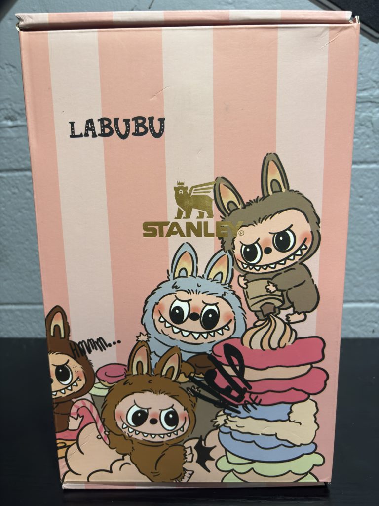 Stanley x Labubu 40 oz Quencher ProTour Tumbler in pink and white stripes with character graphics.