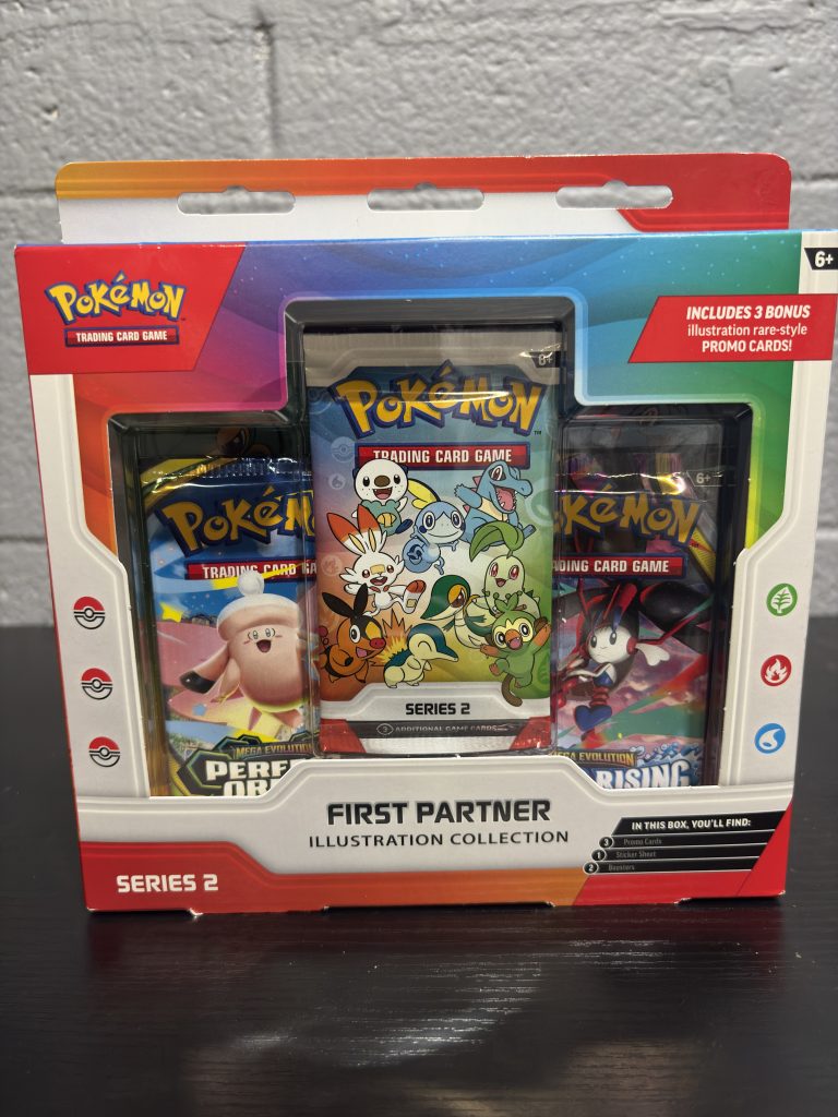 Pokemon TCG First Partner Illustration Collection Series 2 sealed box with booster packs and promo cards.