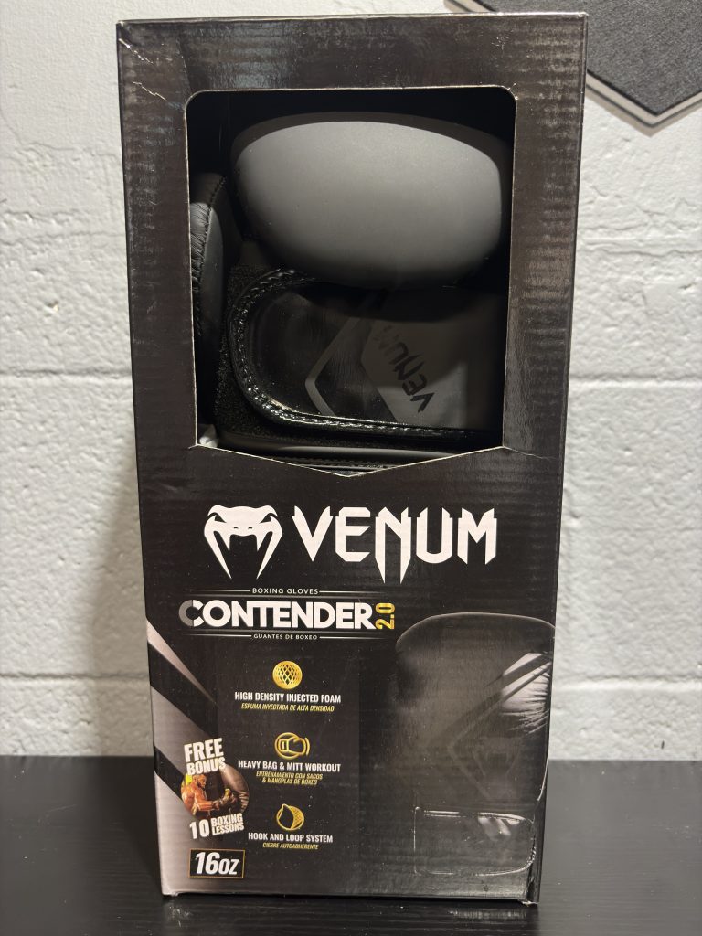 Venum Contender 2.0 Boxing Gloves in dark grey and black shown with their branded retail box.