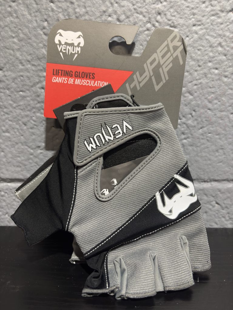 Venum Hyperlift Lifting Gloves in Grey and Black displayed with their brand tag.