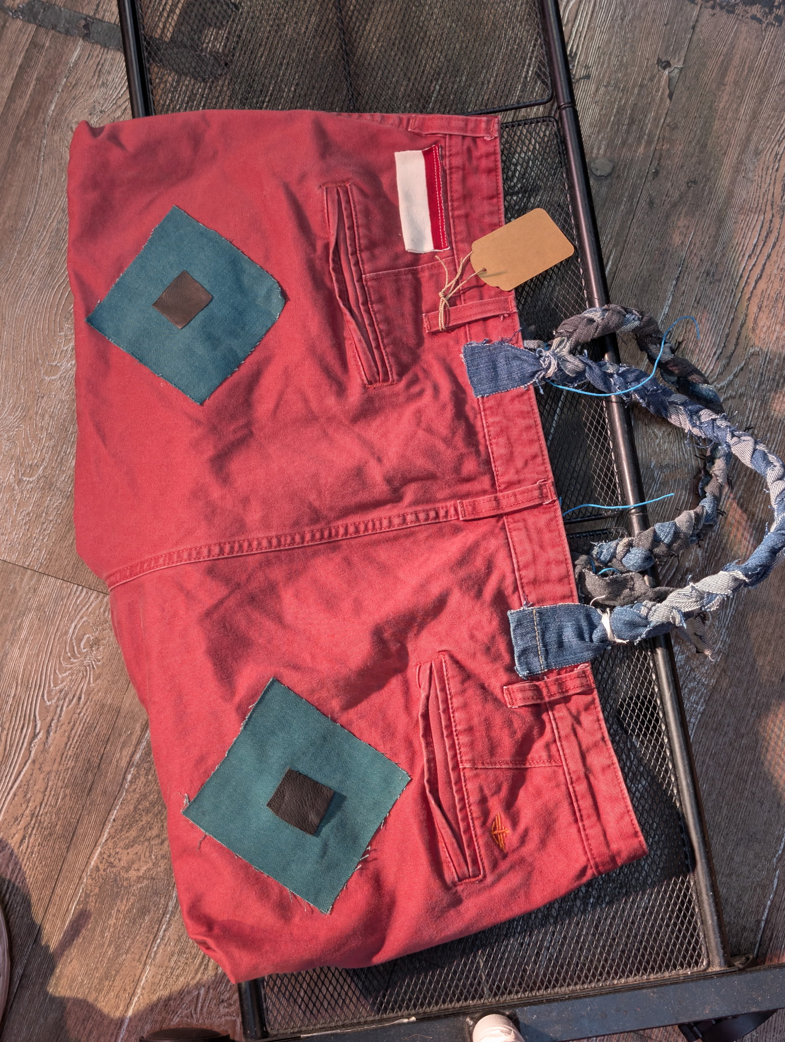 : Upcycled Dockers Pants Tote Bag - Red/Maroon with Braided Denim Straps and Patch Accents - Image 2