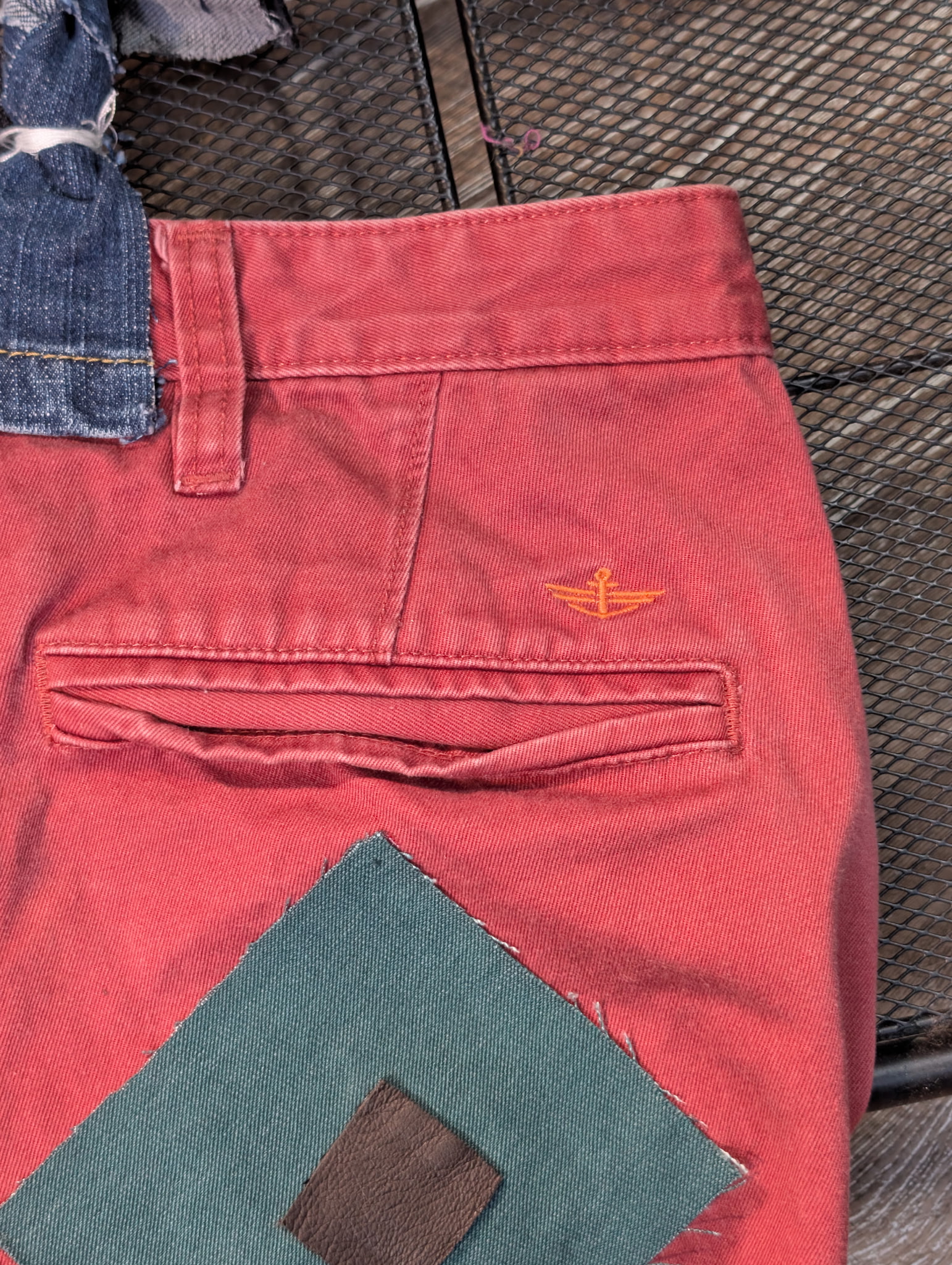 : Upcycled Dockers Pants Tote Bag - Red/Maroon with Braided Denim Straps and Patch Accents - Image 3