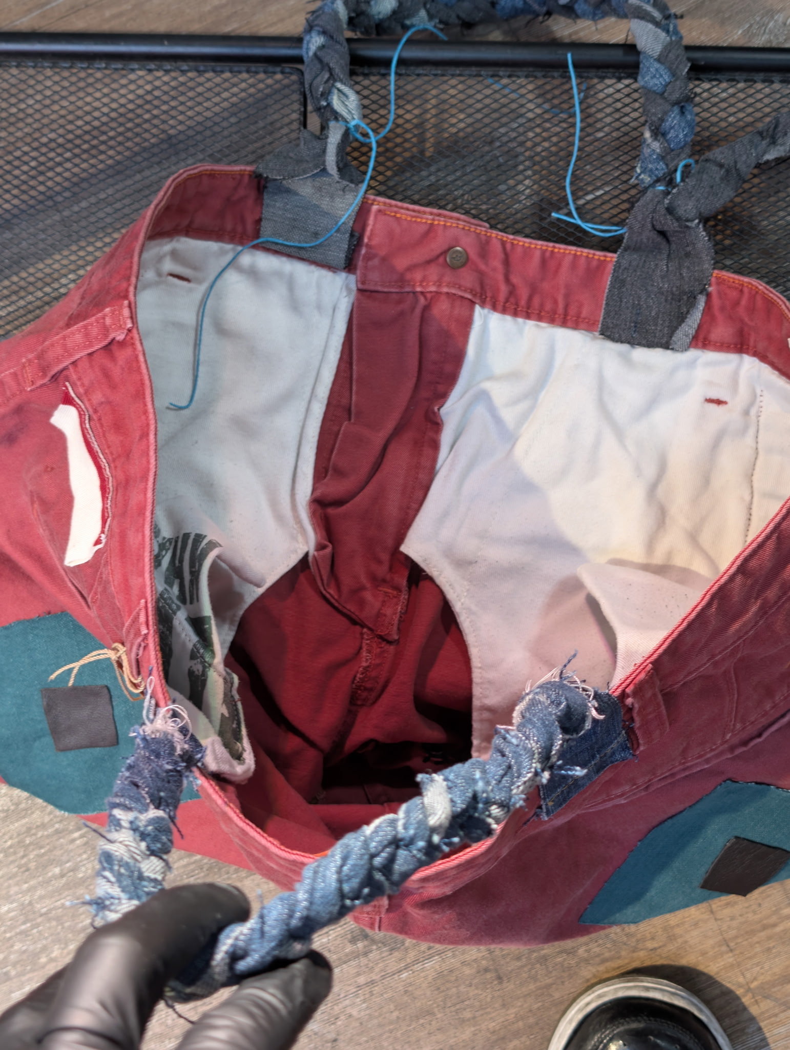: Upcycled Dockers Pants Tote Bag - Red/Maroon with Braided Denim Straps and Patch Accents - Image 4