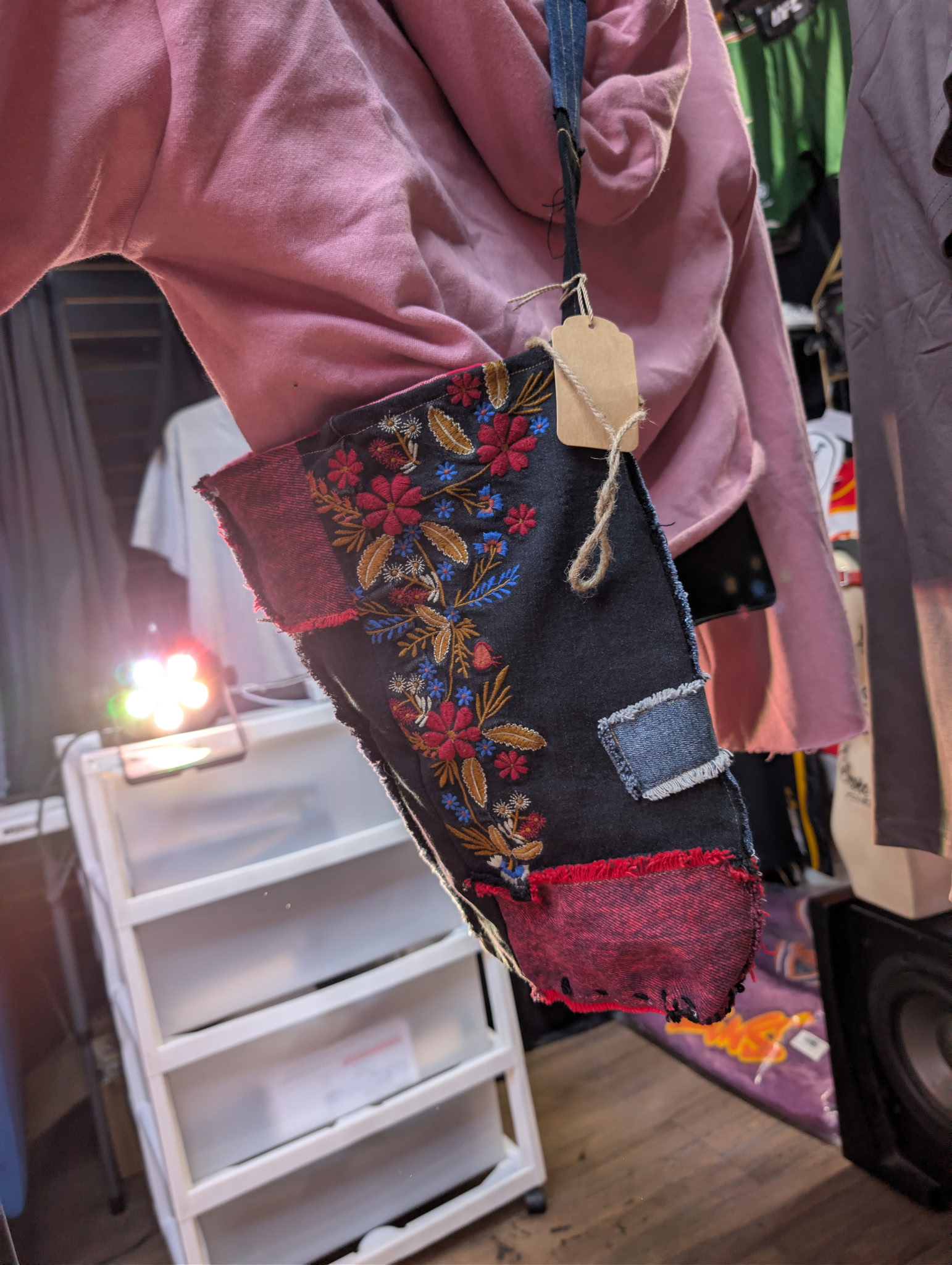Upcycled Patchwork Denim Crossbody Bag - Embroidered Floral, Red & Blue Denim - Image 2
