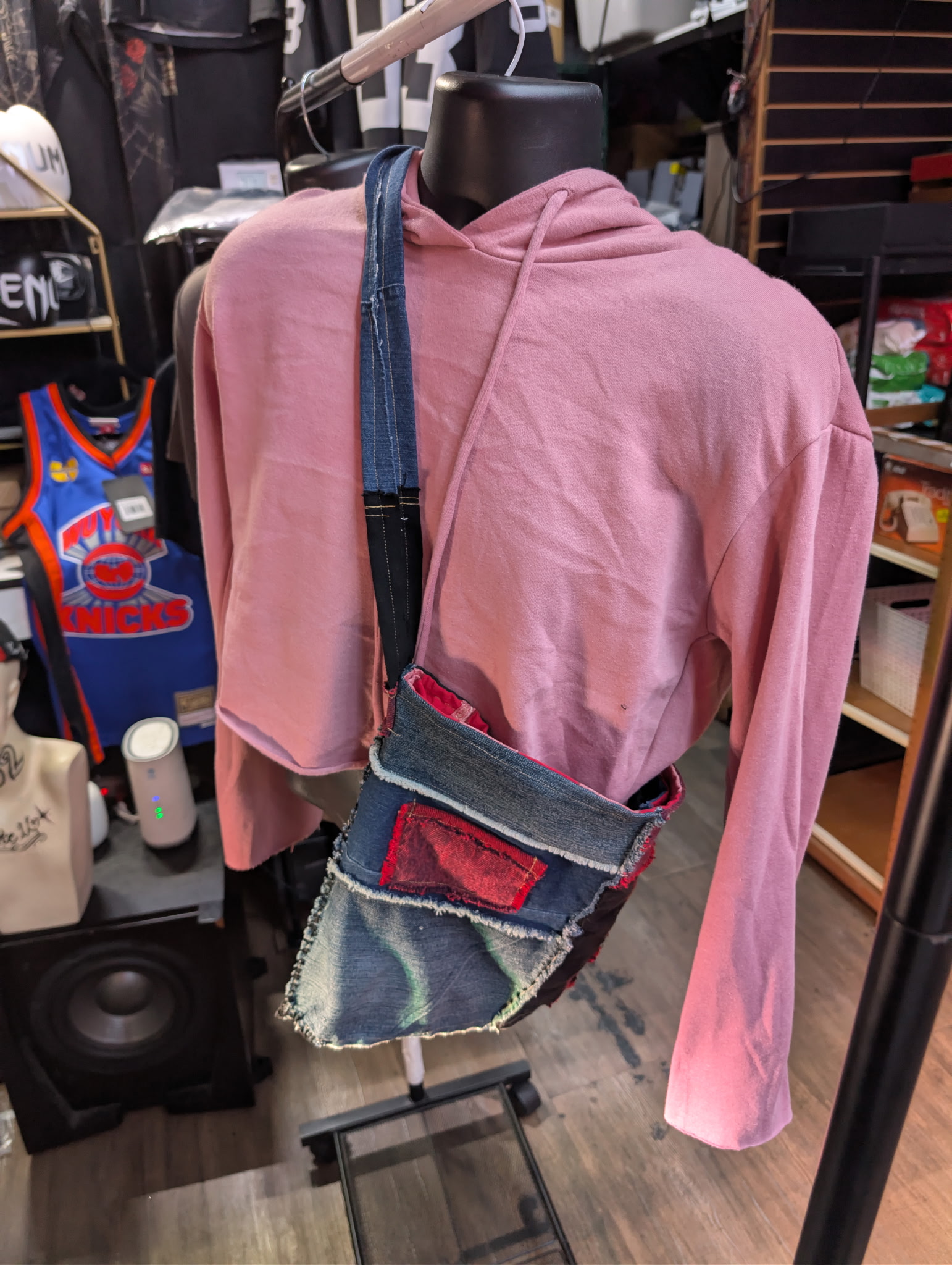 Upcycled Patchwork Denim Crossbody Bag - Embroidered Floral, Red & Blue Denim - Image 3