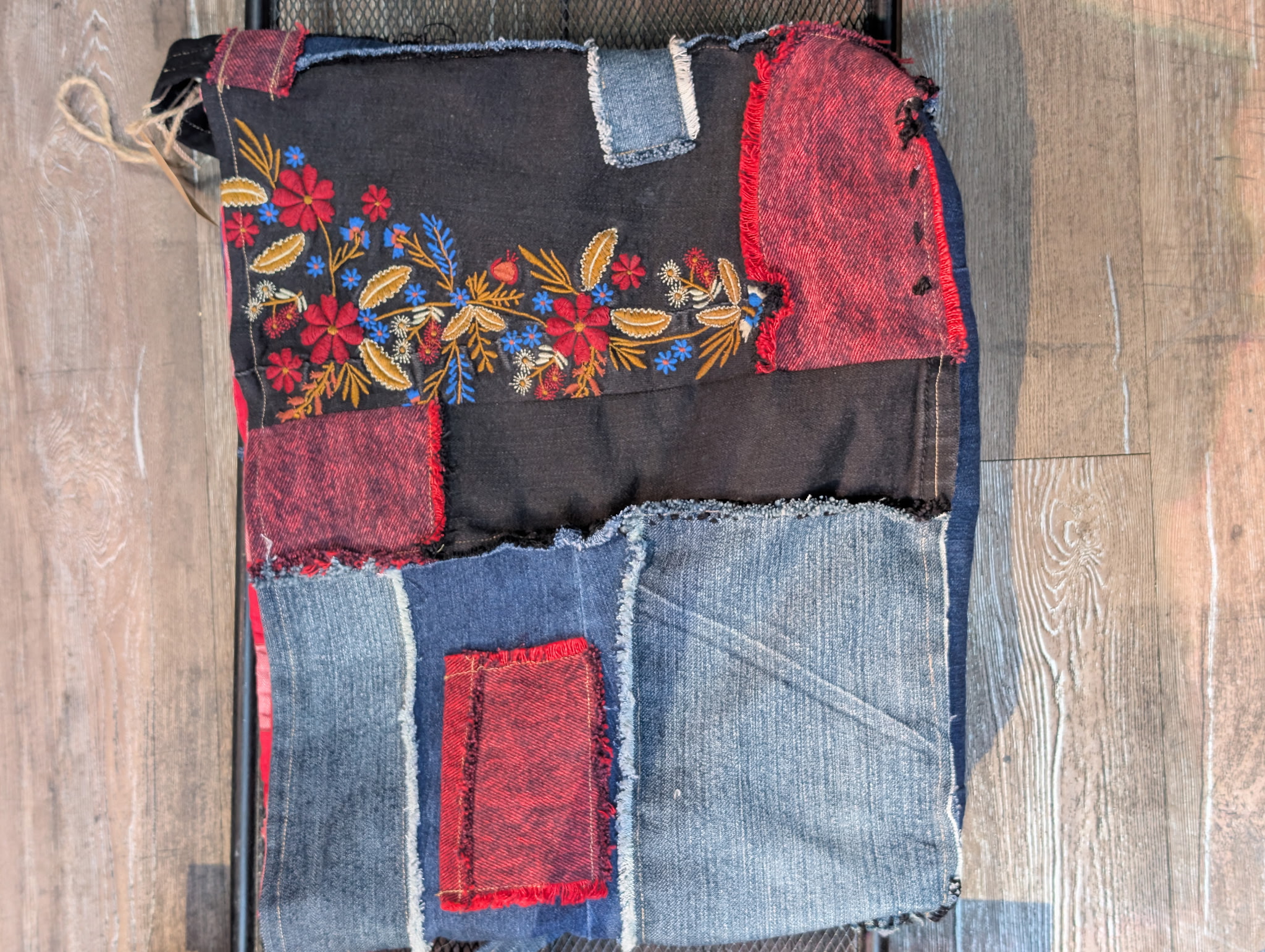 Upcycled Patchwork Denim Crossbody Bag - Embroidered Floral, Red & Blue Denim - Image 4