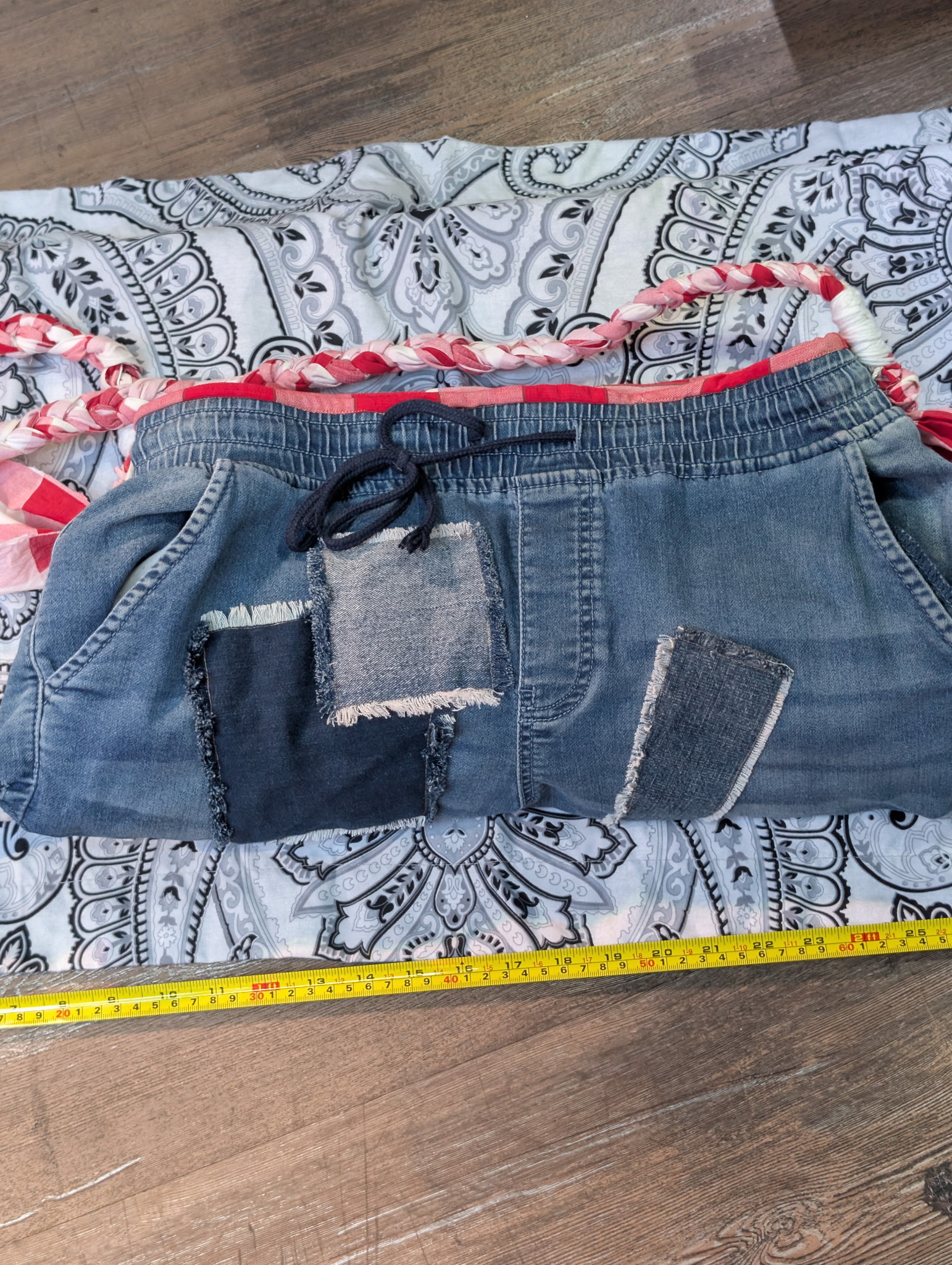 Upcycled Distressed Denim & Red Plaid Shoulder Bag - Braided Strap & Patchwork Details - Image 3