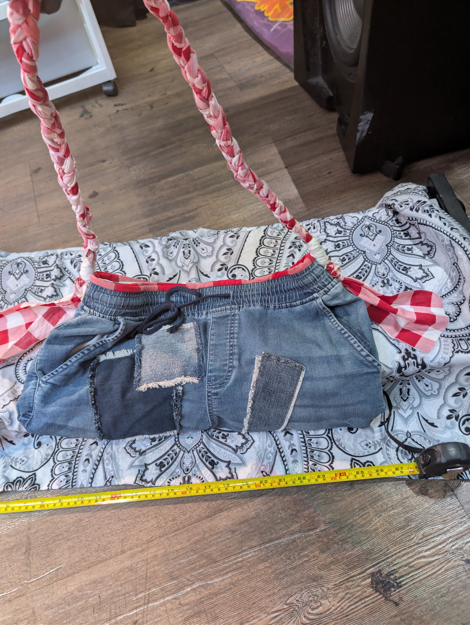 Upcycled Distressed Denim & Red Plaid Shoulder Bag - Braided Strap & Patchwork Details - Image 4