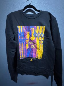 Adidas Derrick Rose Son of Chi graphic crewneck sweatshirt in black showing the front player graphic, text, hanging tag, and size M interior label.
