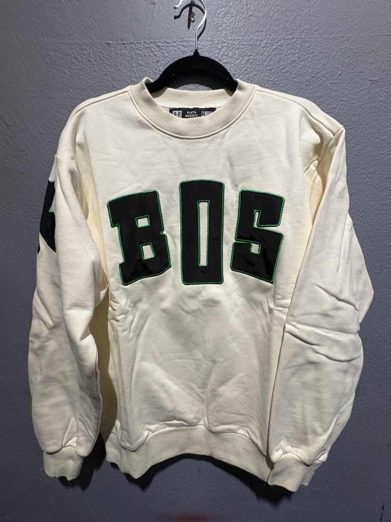 Bleacher Report Playa Society Boston Celtics applique crewneck sweatshirt in off-white showing the front BOS lettering, sleeve clover, and back Celtics 18 graphics in size M.