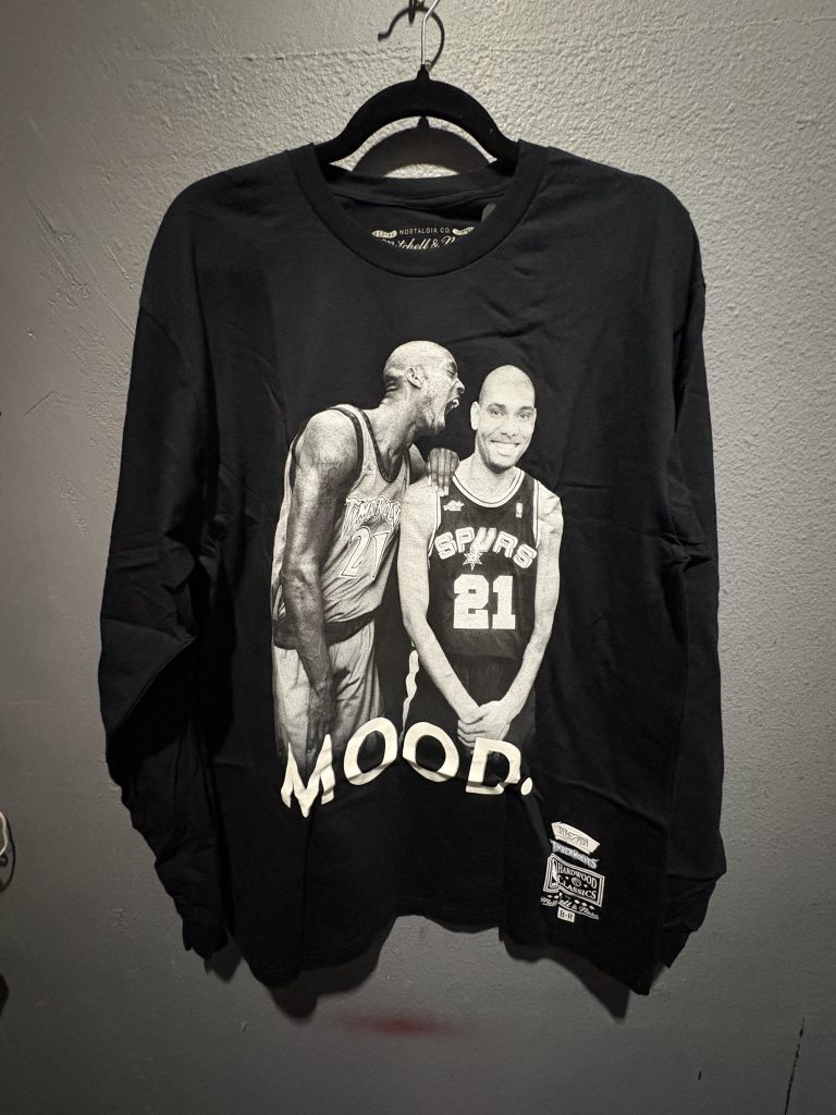 Mitchell & Ness Bleacher Report NBA Remix San Antonio Spurs Mood long sleeve t-shirt in black showing the front graphic and hanging tags in size L.