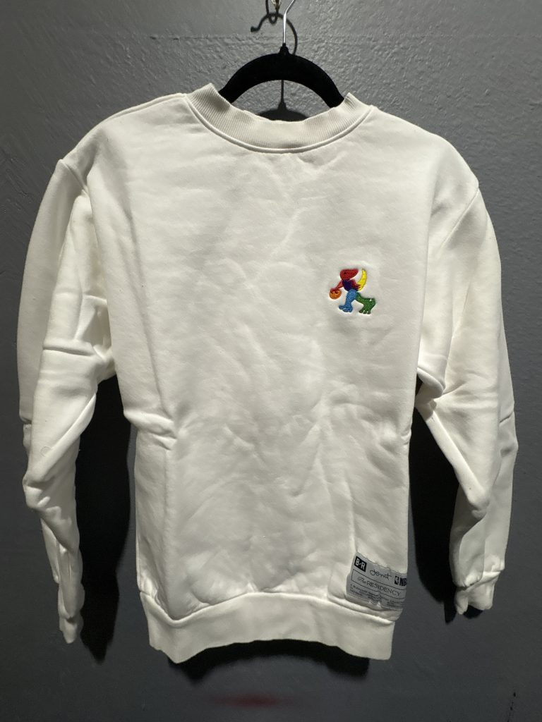 Bleacher Report The Residency Don C NBA embroidered dinosaur graphic crewneck sweatshirt in white showing the chest embroidery, hem label, and size S tag.
