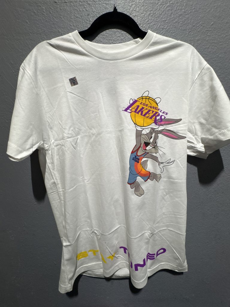 Bleacher Report Space Jam A New Legacy Los Angeles Lakers Bugs Bunny t-shirt in white showing the front graphic, tag, and size L interior branding.