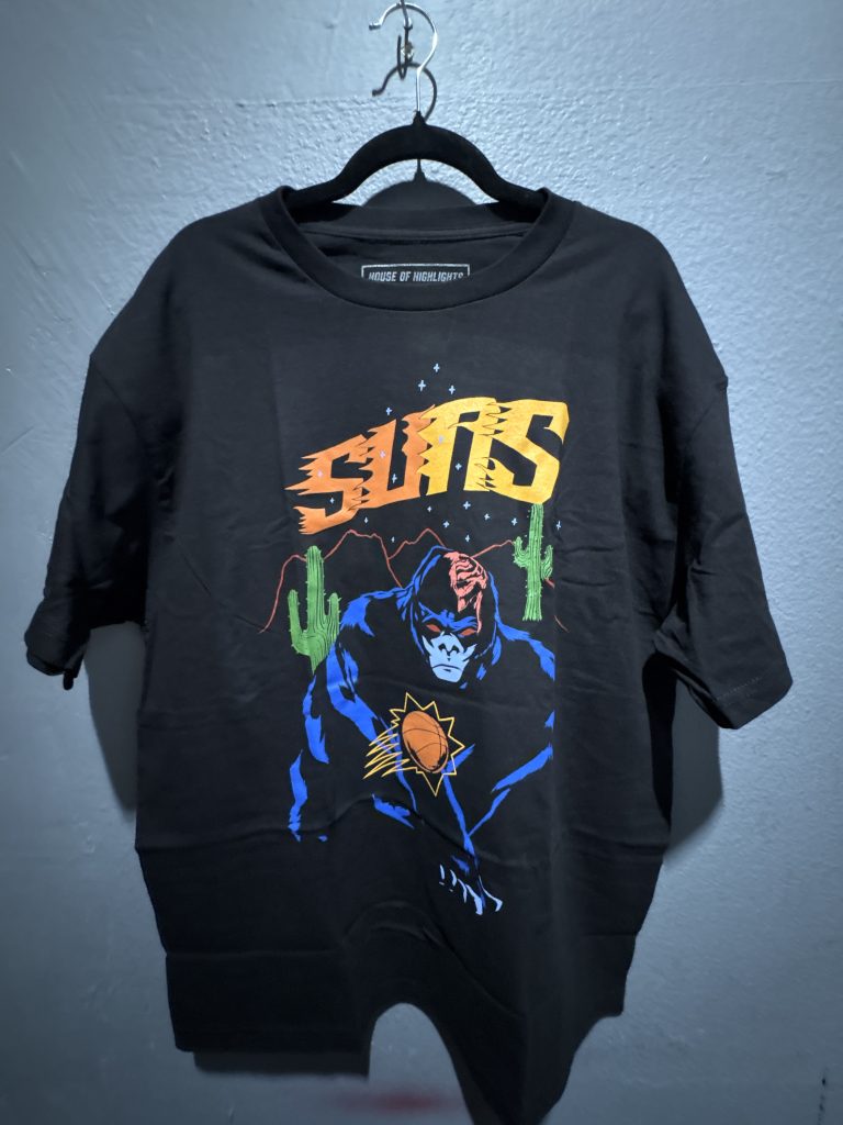 House of Highlights Phoenix Suns Gorilla graphic t-shirt in black showing the desert mascot design and size XL tag.