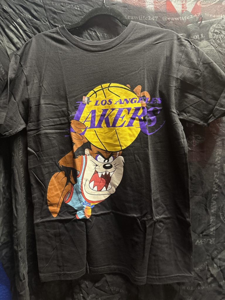 Bleacher Report Space Jam A New Legacy Los Angeles Lakers Taz t-shirt in charcoal black showing the front graphic and hang tag in size M.