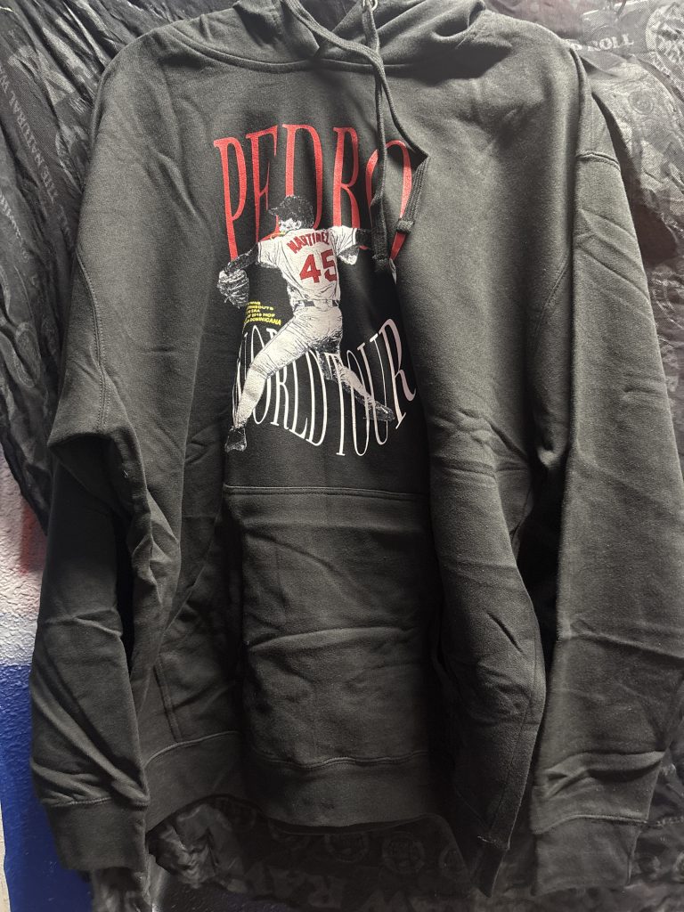 Bleacher Report Pedro Martinez World Tour graphic hoodie in black showing the front portrait and back career milestone tour dates in size L.