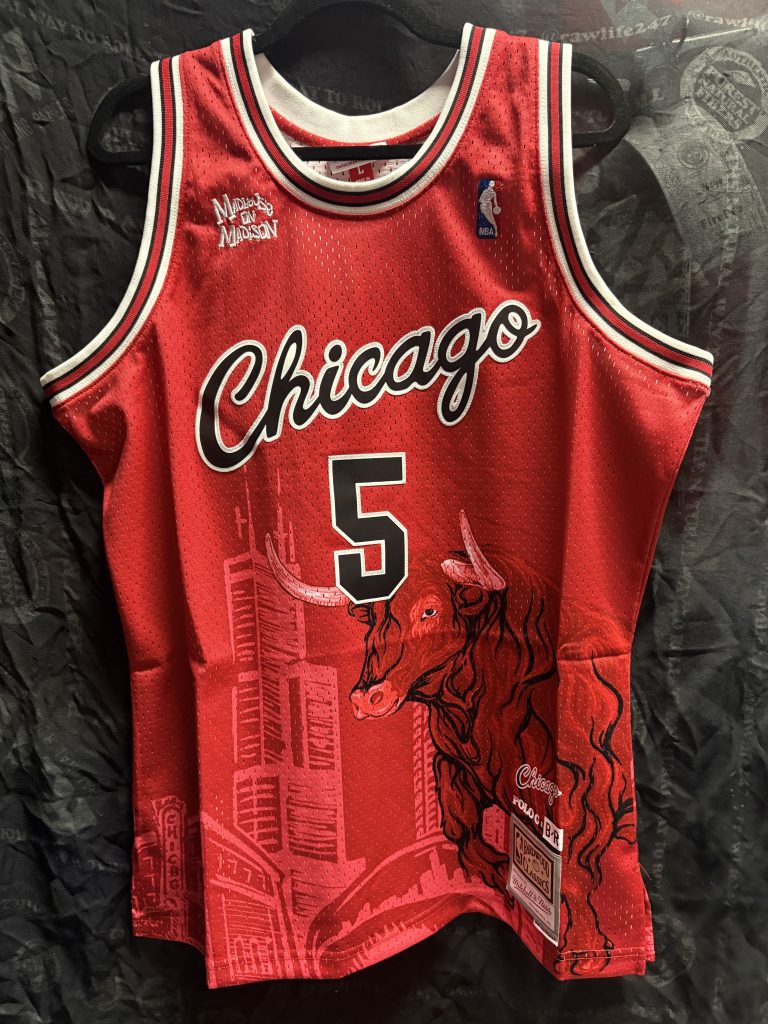 Polo G x Bleacher Report x Mitchell & Ness Chicago Bulls Remix Jersey in Red showing the front graphics, Chicago text, and size L tag.