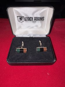 Vintage Stacy Adams tri-color stone bar cufflinks inside original branded black presentation box.